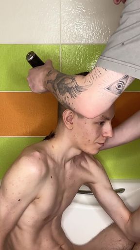 Alex Cuts Naked Evgeny's Hair in the Bathtub!