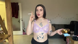 Sexy Smoking in Sheer Lingerie, Tattooed Curvy Brunette