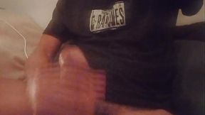 Skinny dad wanks his big uncut cock, moaning with pleasure
