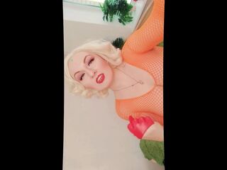 JOI FemDom movie scene in orange fishnet mesh costume curvy Mastix POV