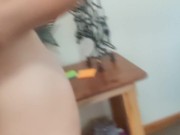 Housewife doing house chores, vacuuming in the nude after I pull her towel off