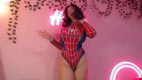 spidergirl  miss hinata  rubs her pussy then shows her tits porn video