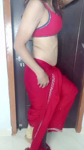 Indian hot stepmom wearing sexy red bra and satin saree