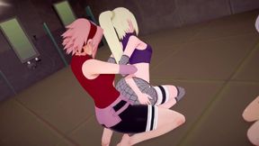 Futa Sakura and Futa Hinata Destroyed in Naruto Hentai Lesbian Threesome