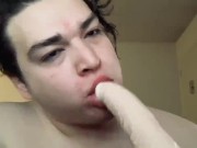 Deepthroating dildo next to open window in my apartment