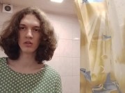 Trans-girl Stesha masturbates her small clit in the toilet