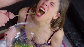 PISS SPEW Face in the BOWL - Alice Maze in extreme piss RECYCLING - She brings it up and drinks it over and over