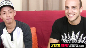 ”Inked stud gets a blowjob from his little twink bud”