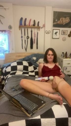 Awkward trans girl fucks her ass with a big pink dildo