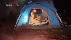horny asian teens bang romantically inside a tent, friends unaware!