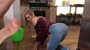 Hot blonde MILF has to clean the kitchen naked because of her perverted stepson