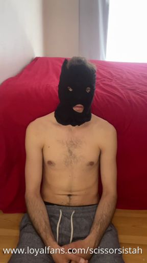 my slave sitting propped up in bed and I hold him in different positions