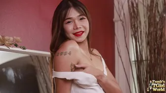 Cute Tattooed Thai TGirl Kiki Strips Heels Off to Stroke Cock on Bench