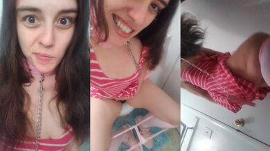 This French PAWG Submissive Slut Pisses While Choking On Her Collar In Bathroom