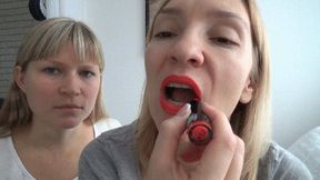red lipstick kisses all over face li