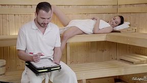 Latina Beauty Francys Belle Gives a Hot Sauna Blowjob!
