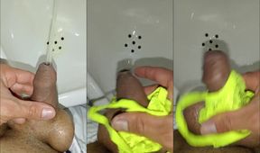 Desperate pissing in public bathroom with pantyhose masturbation close up caught me