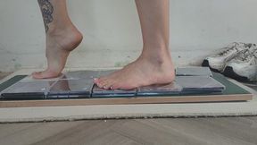 Requested clip Giantess goddess Charlie Caroline Crushes 20 CD cases BARE FOOT and with heels with painted toenails and finishes them off in trainers close ground view