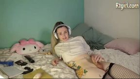black fishnet stockings slim and tall shemale with tattoos and small tits strokes her cock
