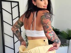 Busty curly brunette with big boobs fucks on couch