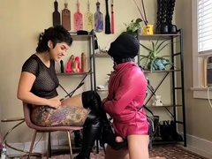 Merciless mistress straps up to fuck pitiful masked slave