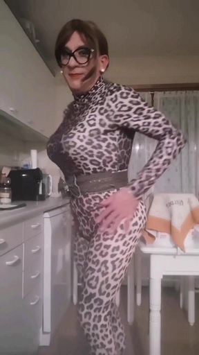 Crossdresser Dressed in Leopard Print Showing off Her Curves.