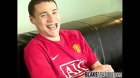 Handsome young Brit masturbates and cums after an interview