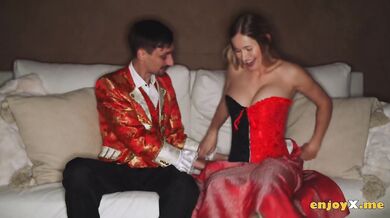 Horny light-haired with phat orbs and shaven honeypot adores cock, giving the best fellatios for