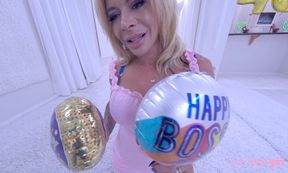 Big Titted Blonde strips in the white studio