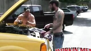 Hairy studs fix a car and end up rawfucking deep and hard