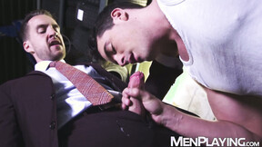 Suited businessman Mark Blue drills deep into mechanic Presley Scott