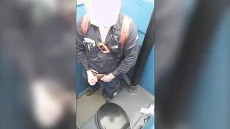 Bearded Worker Jerks Off and Cums in Portable Toilet