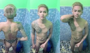 Filipino inked twink Prince Yves flexes tattoo while jerking off in the shower