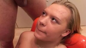A stunning blonde babe from Germany gets smashed by two hard cocks