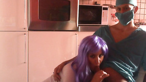 Purple Haired Nurse Going Down On Doc's Large Boner