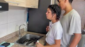 Shy Teen Stepsister Gets Fucked While Cooking Anal Blowjob