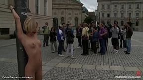 Blonde Euro beauty Paris Pink is tied to pole &mdash;  gagged &mdash;  and fucked by big cock&#x1F32D; master Tommy in front of onlookers