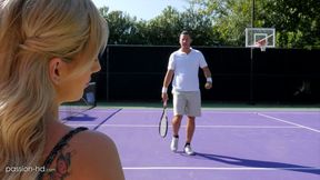 Sweet blondie Bella Rose fucks a tennis player on a lawn