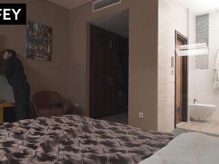 Birthday Gift for Cuck Spouse: Sexy Wifey Bangs Handyman in Hotel in Front Hubby Holds Hand and Hair