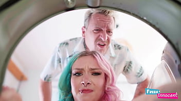 Fresh &amp_ Innocent - A Petite Babe is NAiled in the Ass While Stuck in the Washing Machine