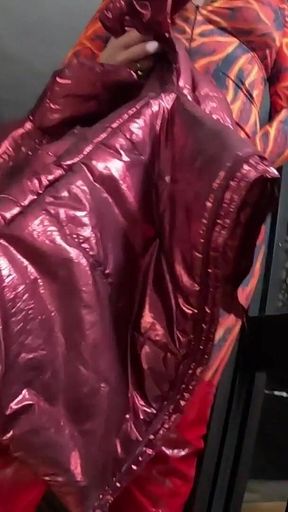 Red Nylon Jumpsuit Fetish - Cameltoe Tease, Deep Blowjob and Cum on My Downjacket
