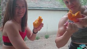 Fruit crushing by strong arms (Dolly and Kim)