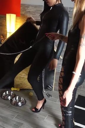 Femdom Leather Queens Dominate Naked Slave in Heels