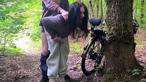 Brunette girl got her bike broken in the woods, and paid a dude with her pussy for a repair POV