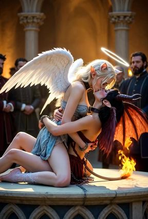 Lesbian angels and demons engage in rough cuteness