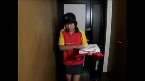 Japanese pizza girl gives sloppy blowjobs