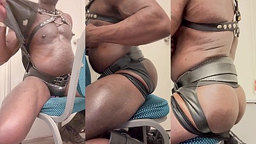 Black Muscle Leather Jock Vibrator & Nippleplay