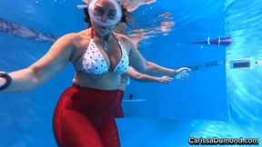 Carissa in the shiny red stockings and cherry bikini top dancing underwater part two with nudity