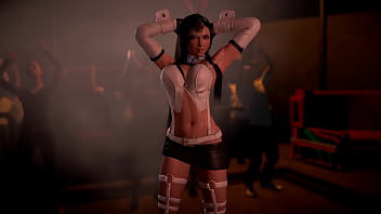 Naughty shapely Tifa in bunny outfit public dancing for her bar visitors