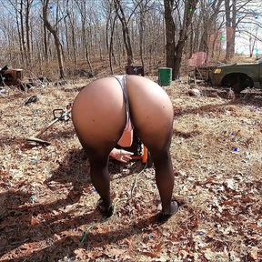 Thong Bodysuit Over Pantyhose - Outdoor Chores